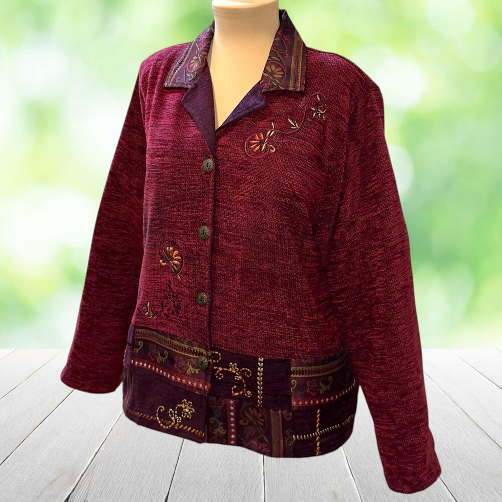 Vintage Y2K Mixed Media Jacket Embroidered Tapestry Boho Textured Red Womens L